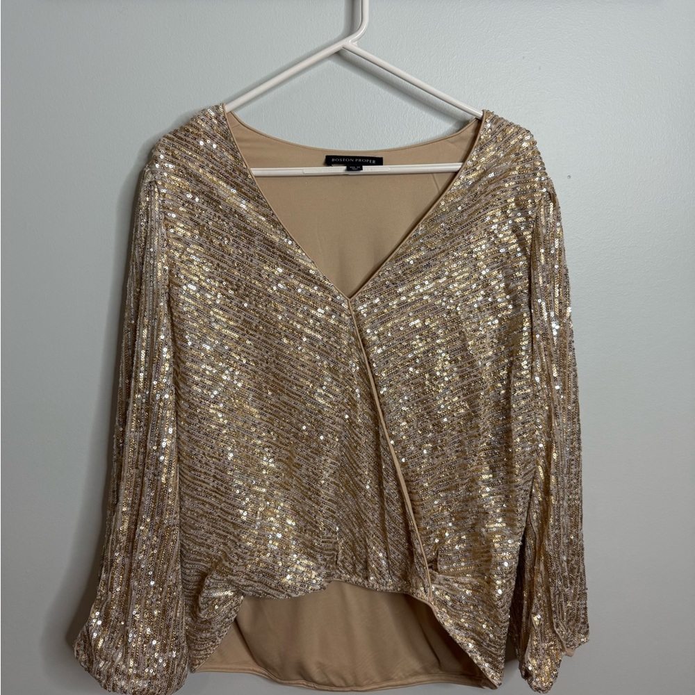 Boston Proper Gold Silver Sequin Embellished Blouse Size M